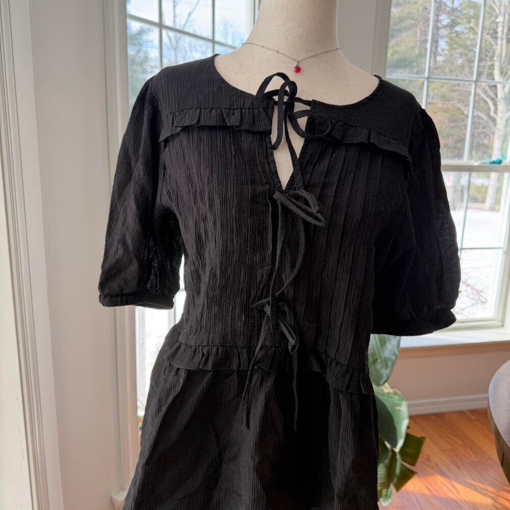 Vintage Laura Ashley Black Pleated Bow Tie Front Peplum Blouse Medium